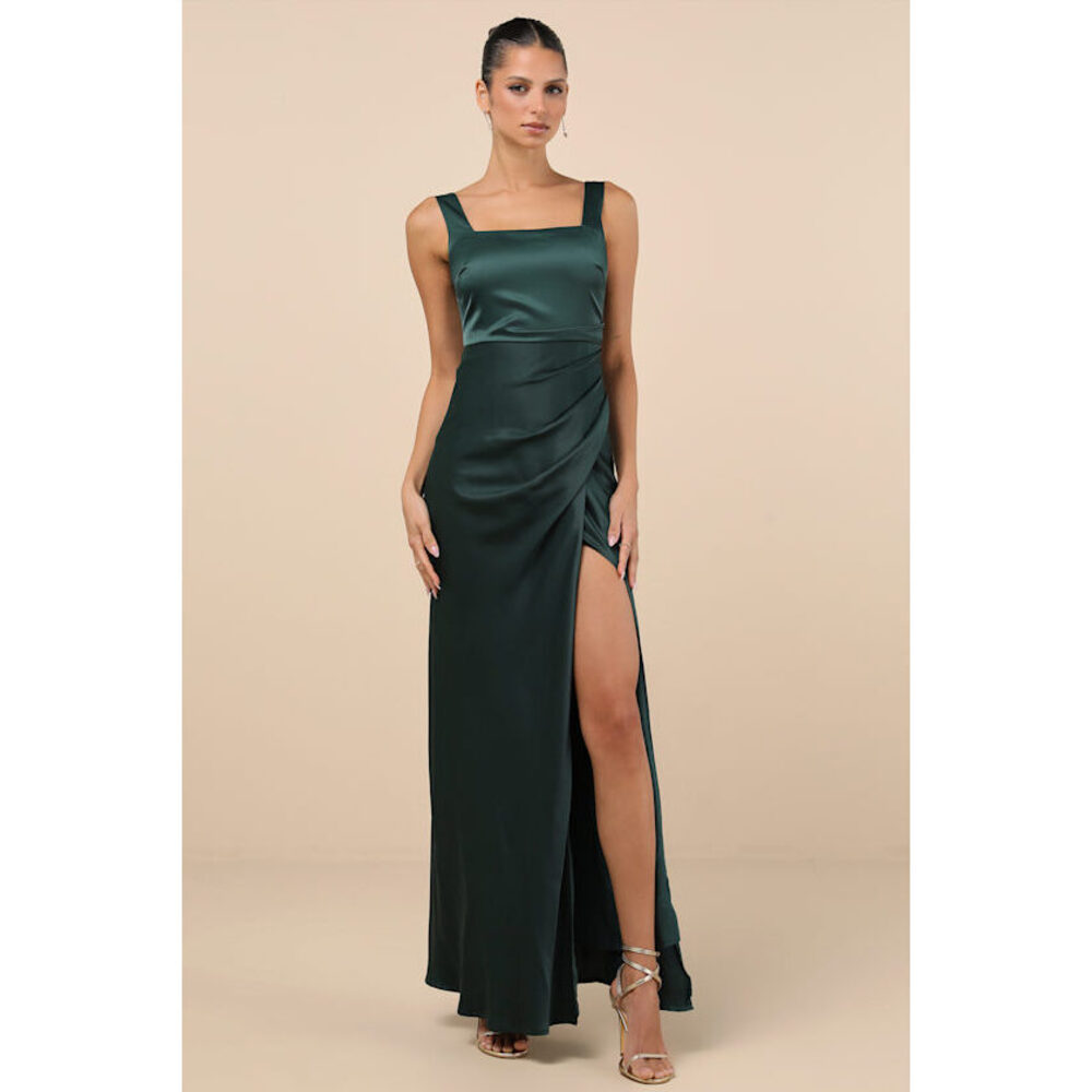 Lulus Red Carpet Romance Emerald Green Satin Square Neck Maxi Dress - Size 2X